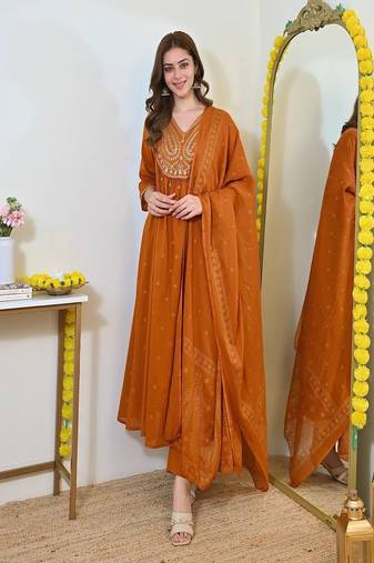 orange floral embroidered  cotton kurta with trouser and dupatta