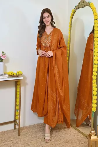 orange floral embroidered  cotton kurta with trouser and dupatta