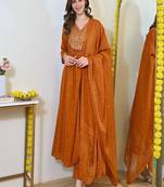 orange floral embroidered  cotton kurta with trouser and dupatta