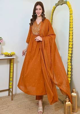 orange floral embroidered  cotton kurta with trouser and dupatta 2