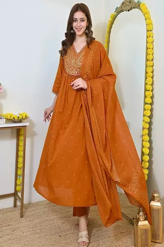 orange floral embroidered  cotton kurta with trouser and dupatta