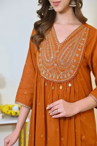 orange floral embroidered  cotton kurta with trouser and dupatta