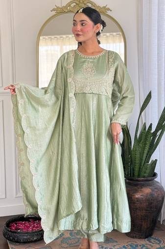 green vichitra silk embroidered flared anarkali pant and dupatta set