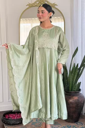 green vichitra silk embroidered flared anarkali pant and dupatta set