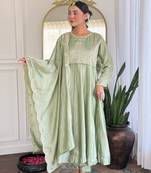 green vichitra silk embroidered flared anarkali pant and dupatta set