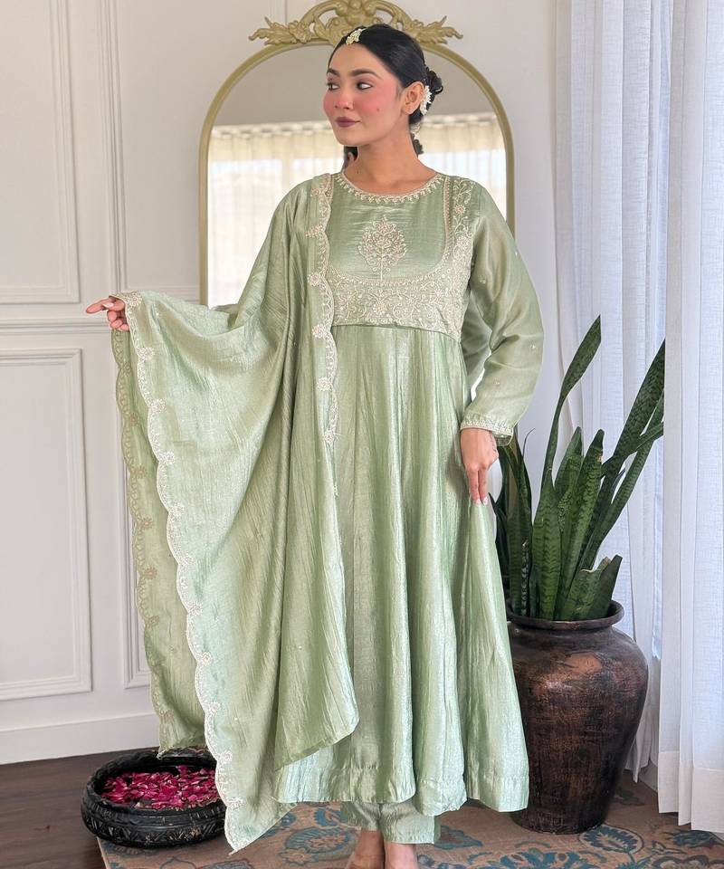 green vichitra silk embroidered flared anarkali pant and dupatta set