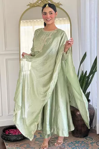 green vichitra silk embroidered flared anarkali pant and dupatta set