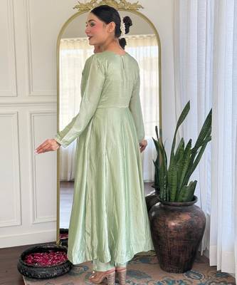 green vichitra silk embroidered flared anarkali pant and dupatta set 4