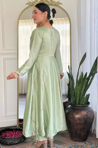 green vichitra silk embroidered flared anarkali pant and dupatta set