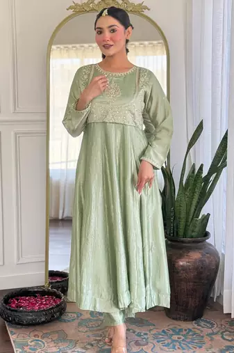 green vichitra silk embroidered flared anarkali pant and dupatta set