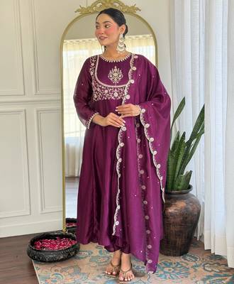 purple vichitra silk embroidered flared anarkali pant and dupatta set 1
