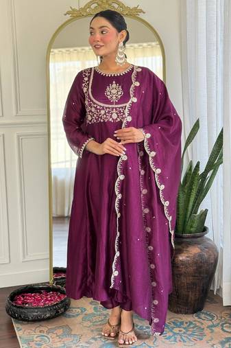 purple vichitra silk embroidered flared anarkali pant and dupatta set