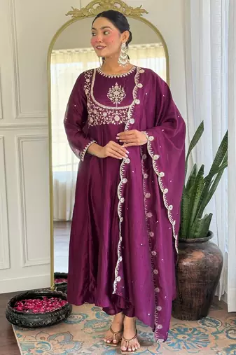 purple vichitra silk embroidered flared anarkali pant and dupatta set