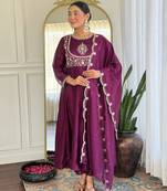 purple vichitra silk embroidered flared anarkali pant and dupatta set