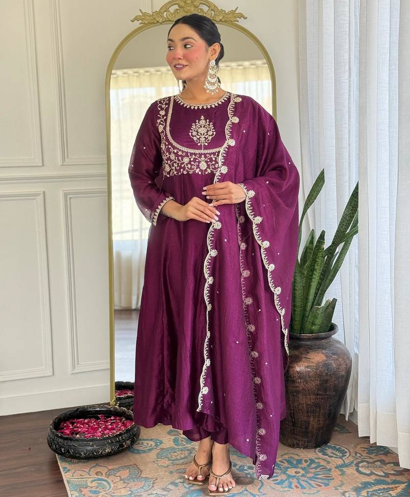 purple vichitra silk embroidered flared anarkali pant and dupatta set