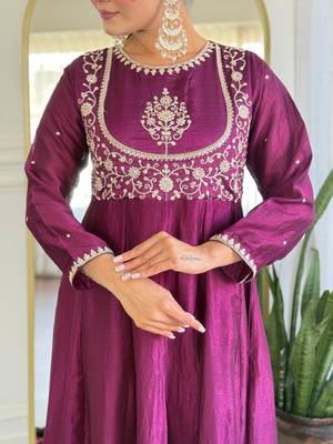 purple vichitra silk embroidered flared anarkali pant and dupatta set 2