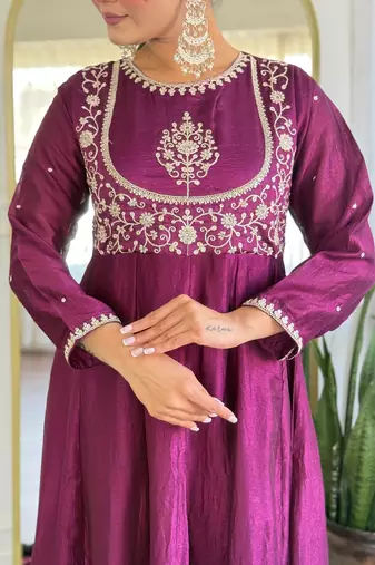 purple vichitra silk embroidered flared anarkali pant and dupatta set