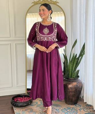 purple vichitra silk embroidered flared anarkali pant and dupatta set 3
