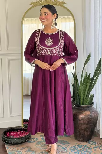 purple vichitra silk embroidered flared anarkali pant and dupatta set