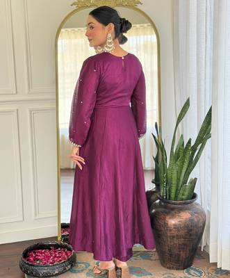 purple vichitra silk embroidered flared anarkali pant and dupatta set 4