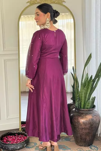 purple vichitra silk embroidered flared anarkali pant and dupatta set