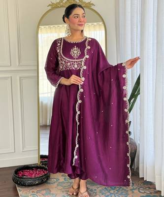 purple vichitra silk embroidered flared anarkali pant and dupatta set 5