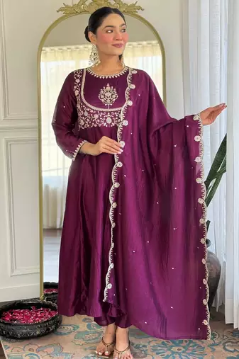 purple vichitra silk embroidered flared anarkali pant and dupatta set