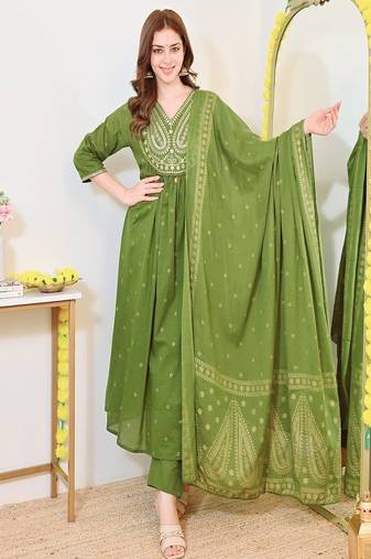 green floral embroidered  cotton kurta with trouser and dupatta