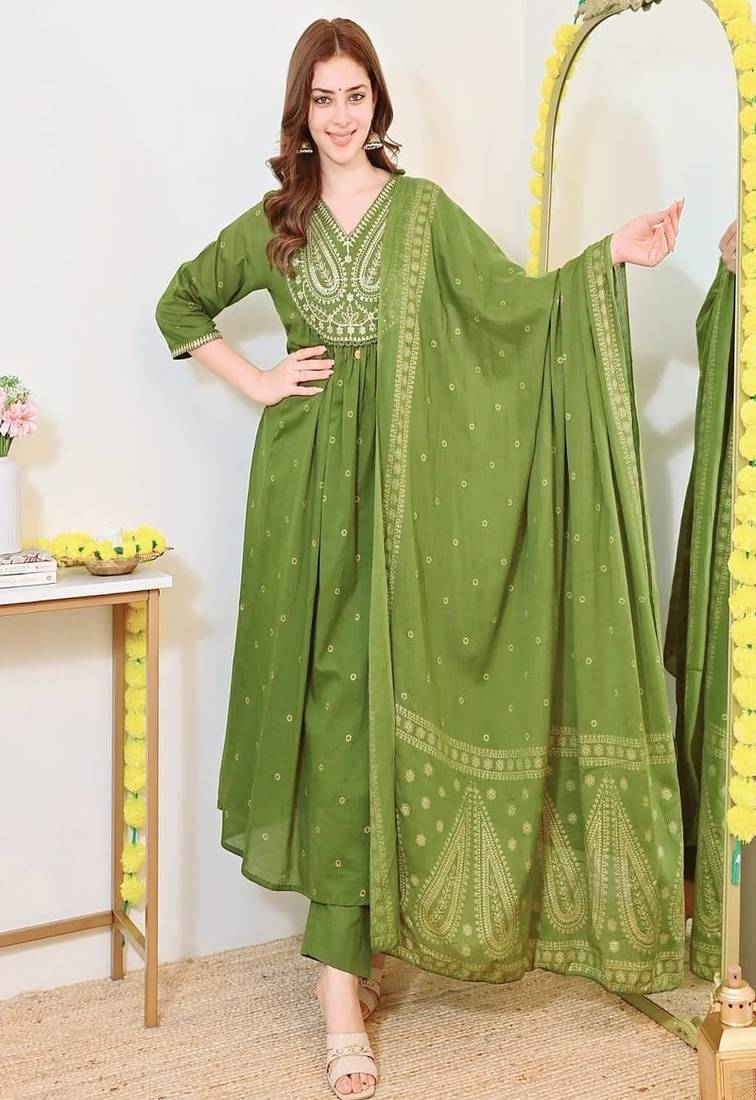 green floral embroidered  cotton kurta with trouser and dupatta