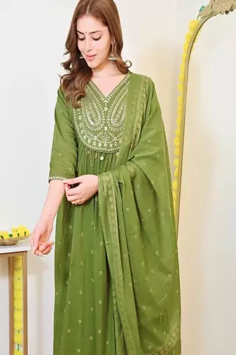 green floral embroidered  cotton kurta with trouser and dupatta