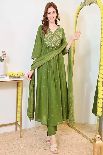 green floral embroidered  cotton kurta with trouser and dupatta
