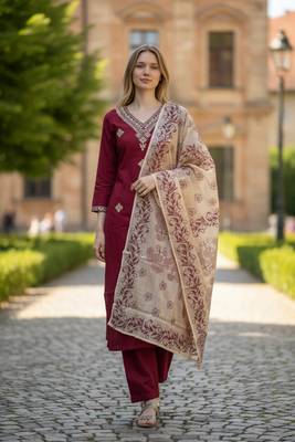 maroon rayon  embroidered straight kurta pant and dupatta set 1
