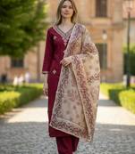 maroon rayon  embroidered straight kurta pant and dupatta set