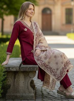 maroon rayon  embroidered straight kurta pant and dupatta set 2