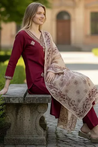 maroon rayon  embroidered straight kurta pant and dupatta set