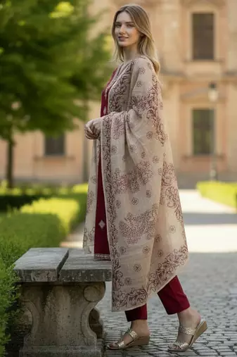 maroon rayon  embroidered straight kurta pant and dupatta set