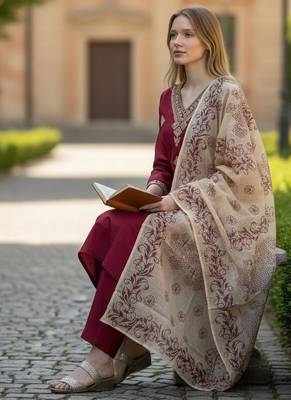 maroon rayon  embroidered straight kurta pant and dupatta set 4