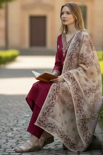 maroon rayon  embroidered straight kurta pant and dupatta set