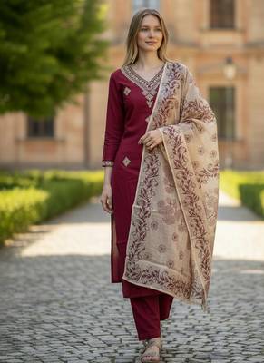 maroon rayon  embroidered straight kurta pant and dupatta set 5