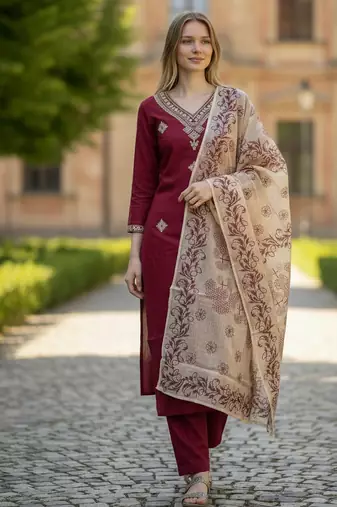 maroon rayon  embroidered straight kurta pant and dupatta set