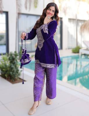 Purple velvet zari embroidered top pant with batwa 1