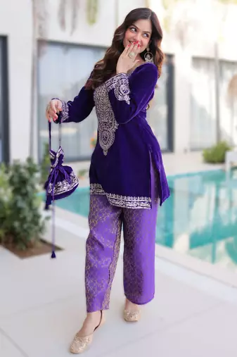 Purple velvet zari embroidered top pant with batwa