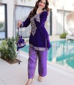 Purple velvet zari embroidered top pant with batwa