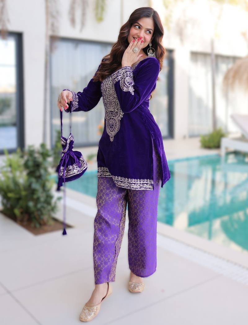 Purple velvet zari embroidered top pant with batwa
