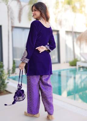 Purple velvet zari embroidered top pant with batwa 2