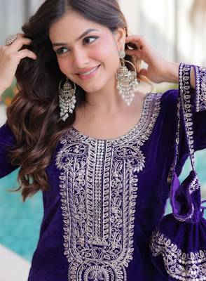Purple velvet zari embroidered top pant with batwa 3