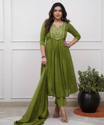 green cotton embroidered straight kurta pant and dupatta set 1