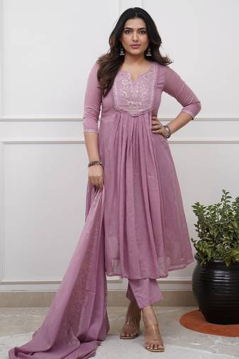purple cotton embroidered straight kurta pant and dupatta set