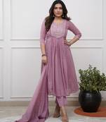 purple cotton embroidered straight kurta pant and dupatta set