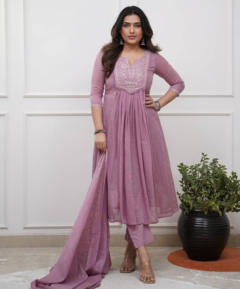 purple cotton embroidered straight kurta pant and dupatta set